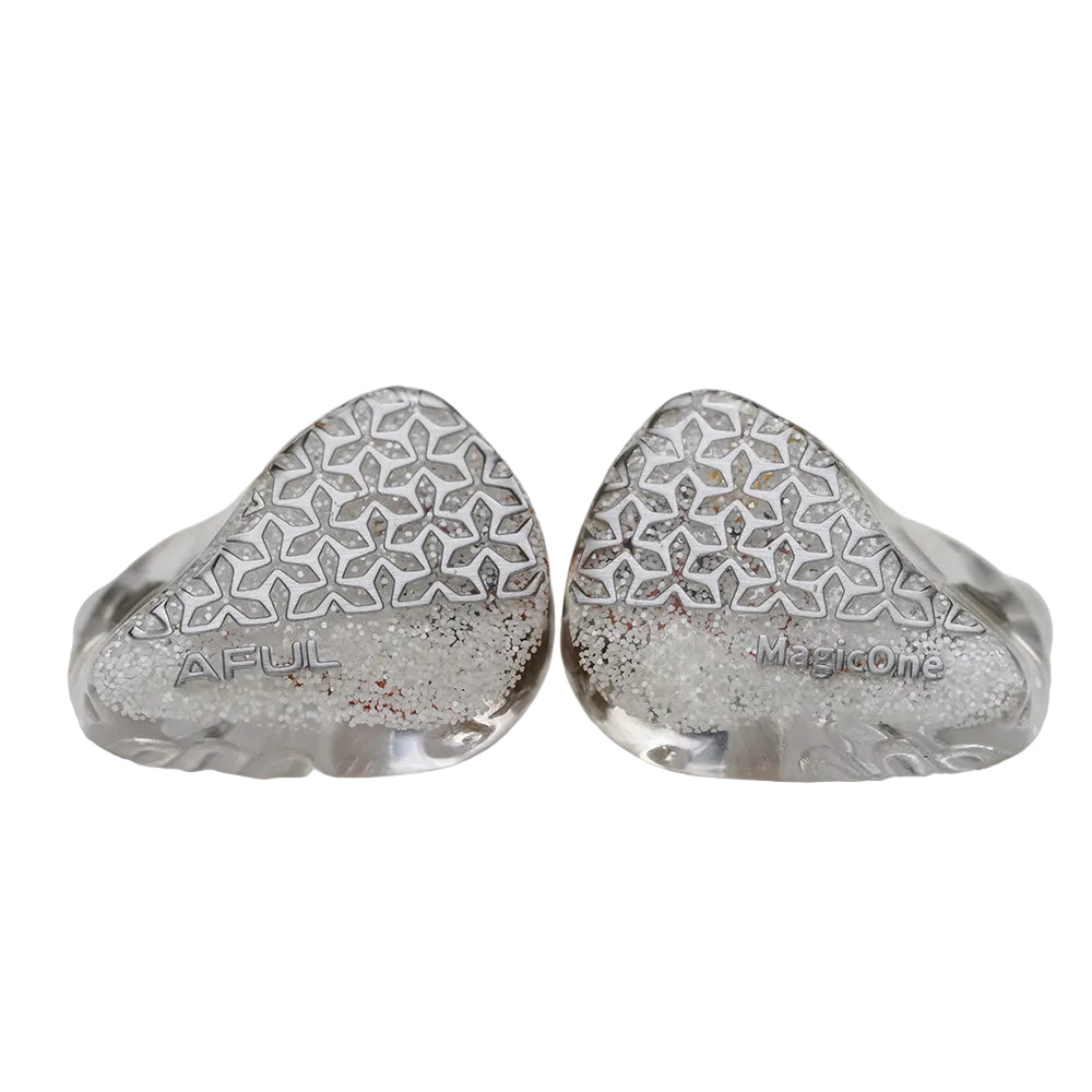 Two silver earbud casings with intricate patterns on a light gray background
